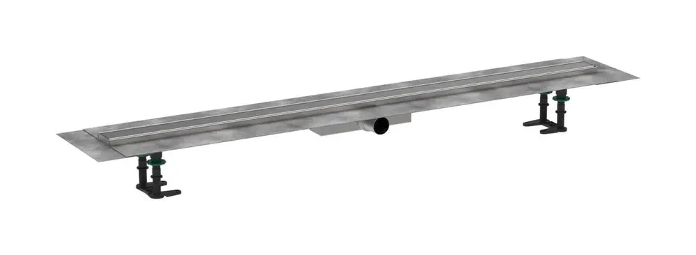 Duschrinne aus Edelstahl mit zwei Befestigungsclips, mittiger Abflussöffnung. Produkt von Hansgrohe für die flache Installation in Duschen.